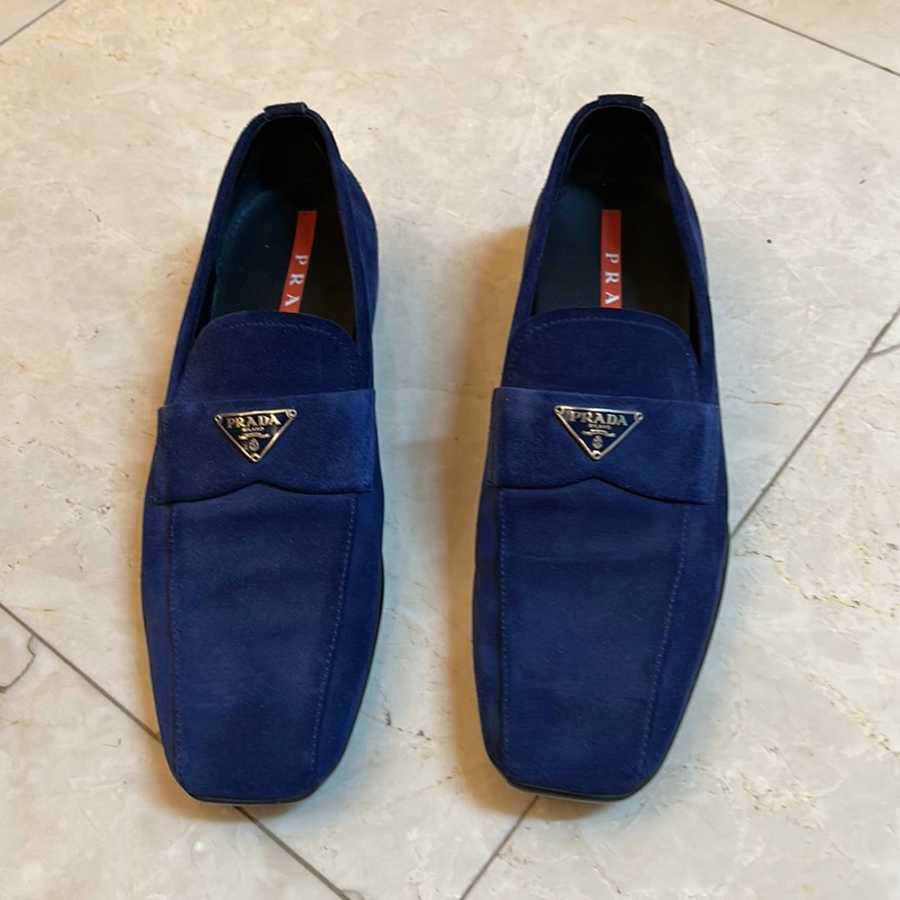Blue suede Prada loafers